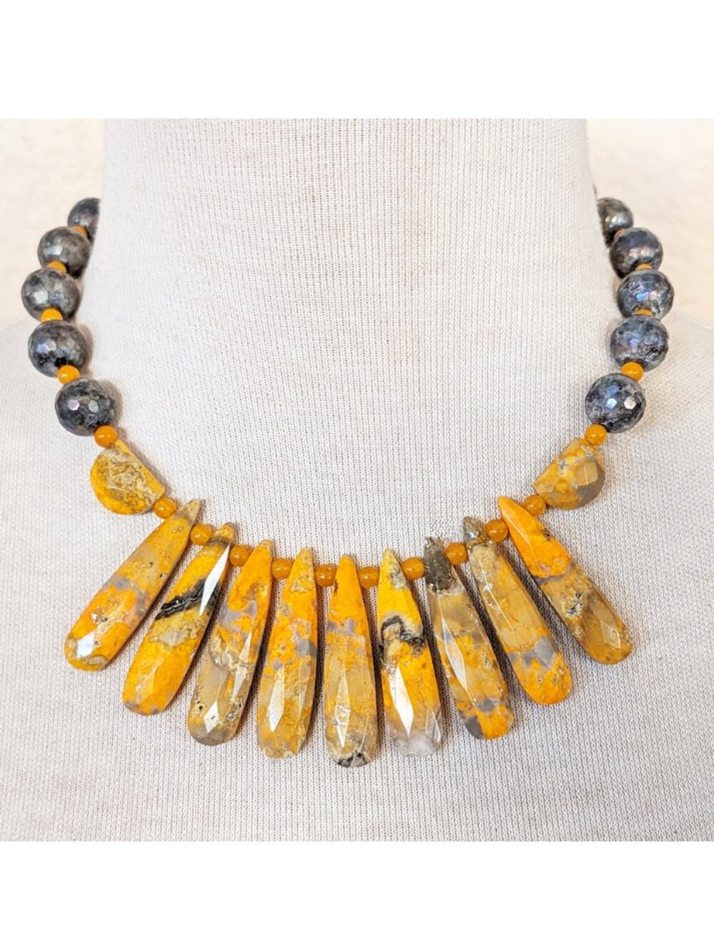 Boho Mustard Yellow & Steel Gray Mystique Larvikite & Bumblebee Jasper Necklace